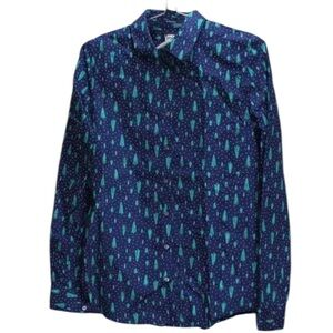 Lands' End Long Sleeve Christmas Tree Winter Scene Pattern Button Front Shirt
